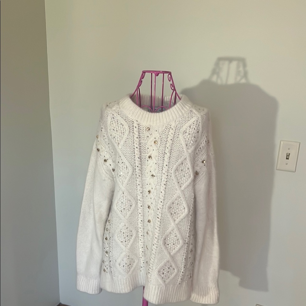 kate spade White Crew Neck Sweater with Chunky Cable Knit Design
